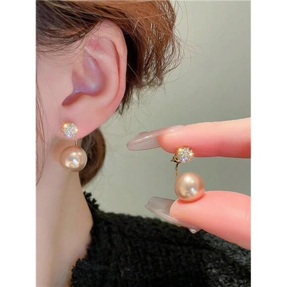 Elegant Champagne Pearl & Rhinestone Stud Earrings - Picture 3 of 5